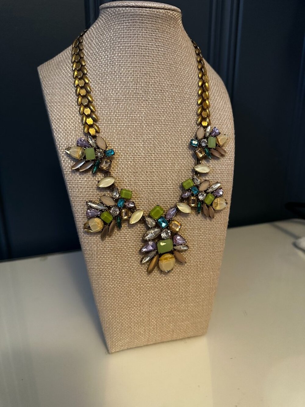 Multicolor Jeweled Floral Statement Necklace Antique Gold